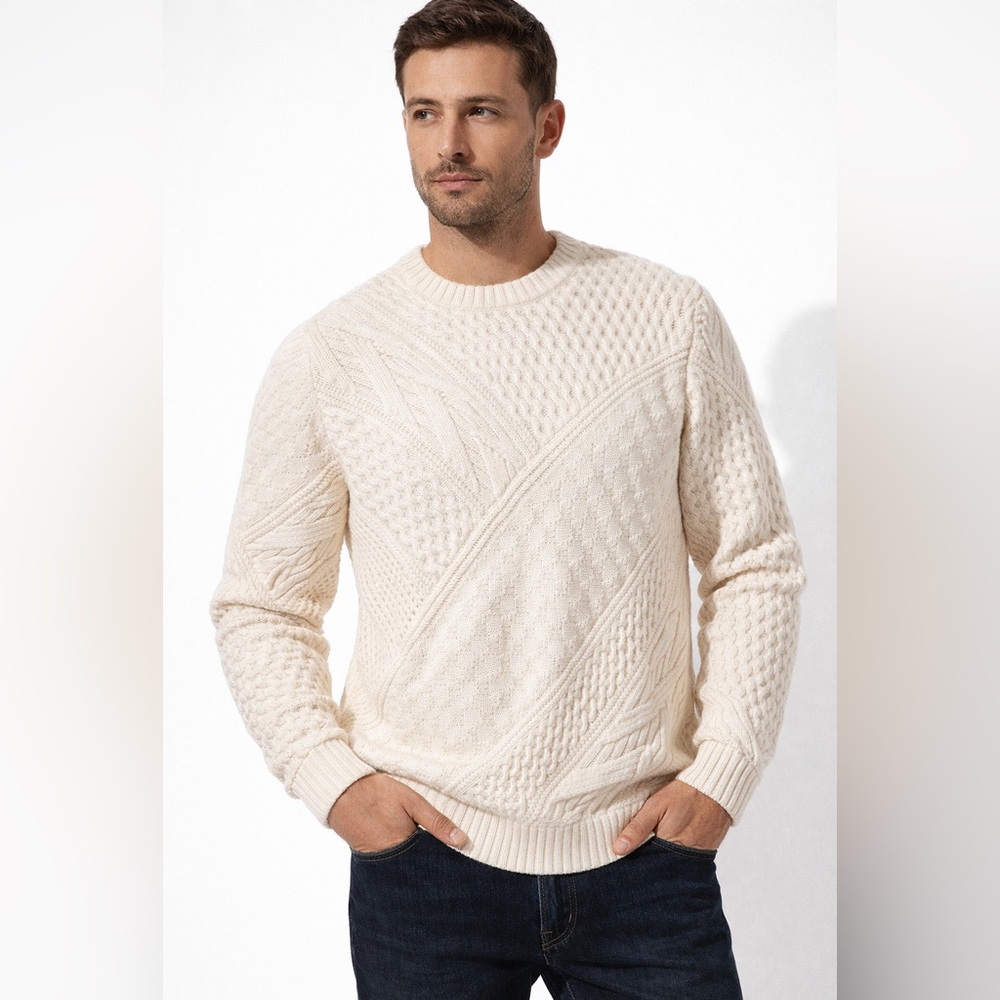 NEW Murano Cable Knit Sweater Men Large Wool Blend Crew Neck Cream Sz M